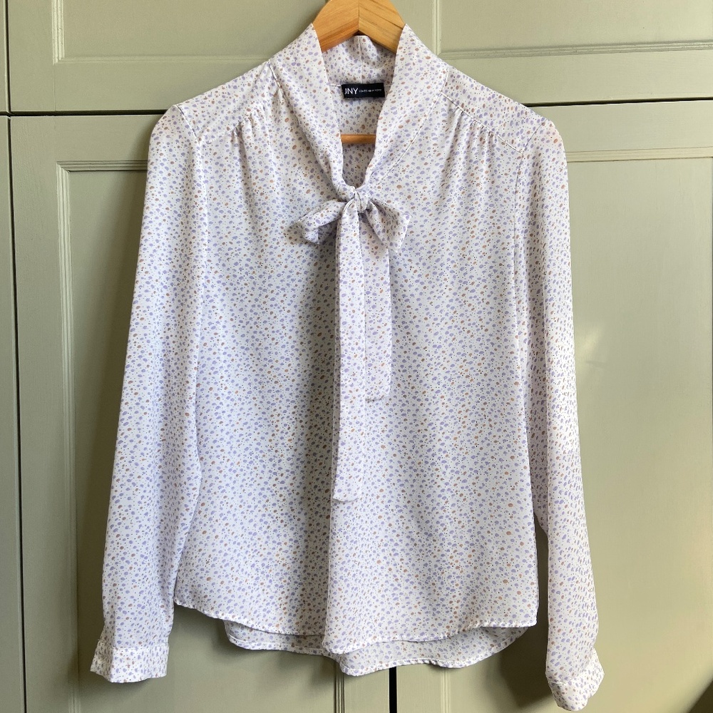 Long sleeve semi-sheer blouse, tie up bow neckline top, office attire